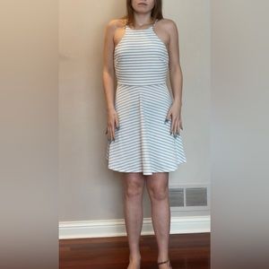 Black/White Striped Textured Dress Lined with Halter Top Back Zip